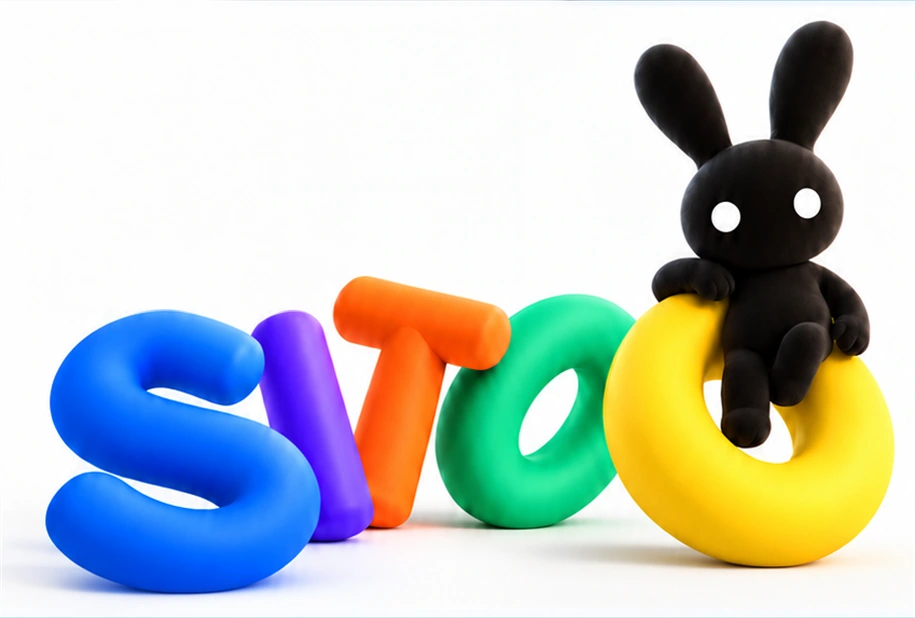 彩色的 SITOO 立体字,兔子坐在黄色 O 上