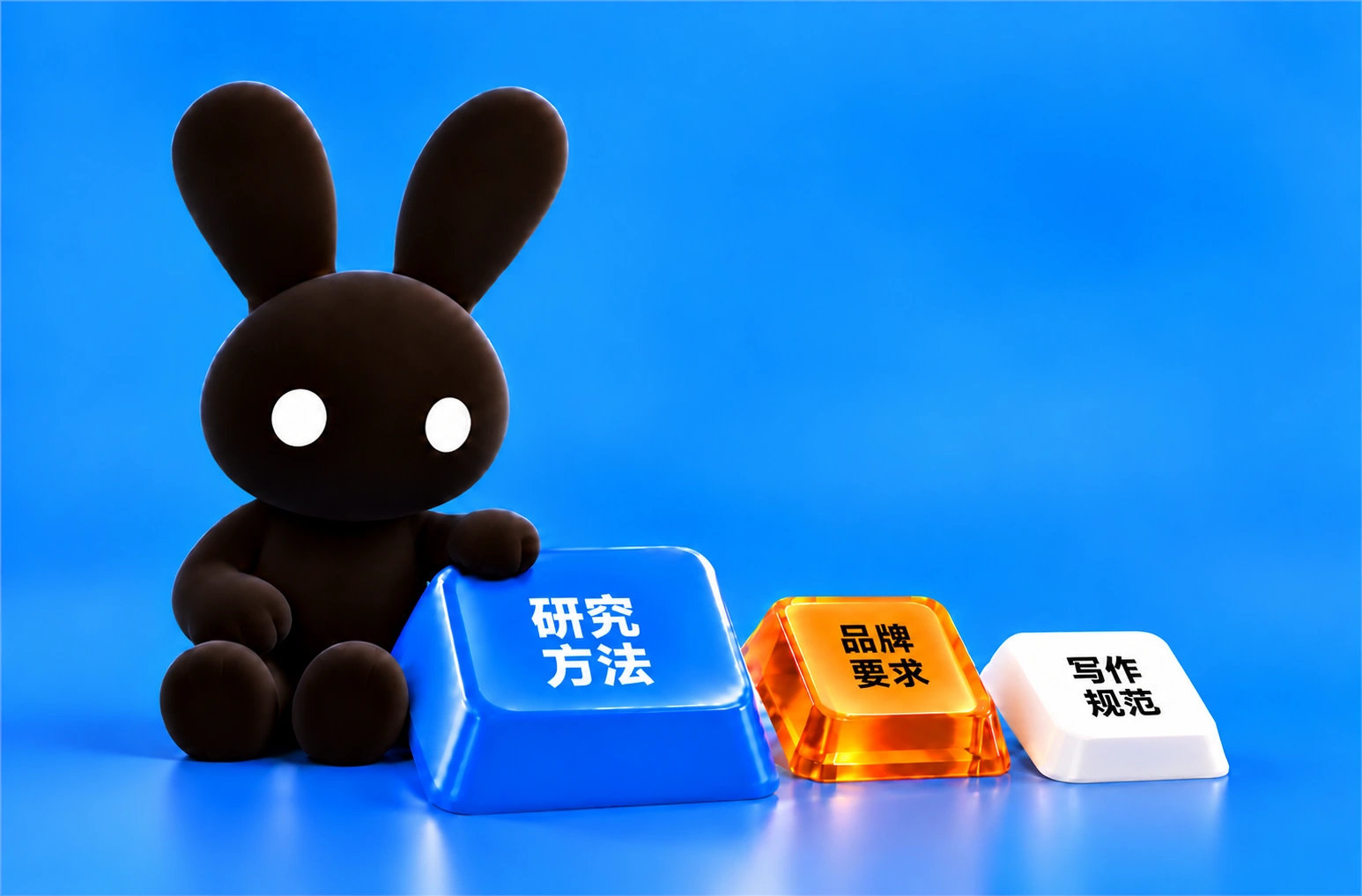 坐着的 Sitoo 兔子和研究方法、品牌要求、写作规范三个实体按键